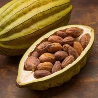 Cocoa beans and cocoa nuts on a rustic background photo