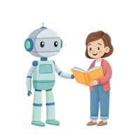 friendly robot handing book to smiling student, showcasing technology and education. This interaction highlights blend of learning and innovation in modern classroom png