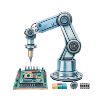 futuristic robotic arm assembling electronic components on circuit board, showcasing advanced technology and precision in manufacturing png