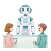 humanóide robô interagindo com dois pessoas às recepção mesa, exibindo tecnologia e comunicação. cena transmite amigáveis e noivando atmosfera png