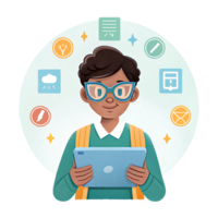 student wearing smart glasses, interacting with tablet, showcasing technology and learning. background features various icons representing digital tools and resources png
