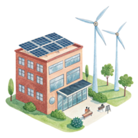 Sustainable office building with solar panels and wind turbines, showcasing eco friendly design and renewable energy sources. serene environment with greenery enhances atmosphere png