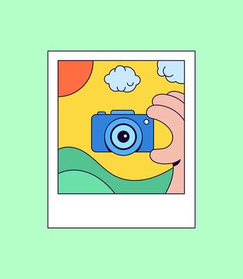A photo with picture of hand holding a camera in outdoor scene hand drawn illustration