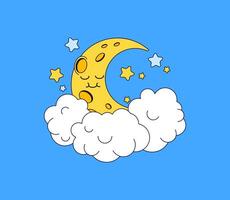 Smiling moon resting on clouds with stars hand drawn vector