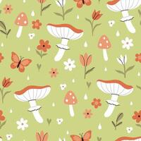 Summer seamless pattern with mushrooms, flowers, butterflies and raindrops. graphics. vector