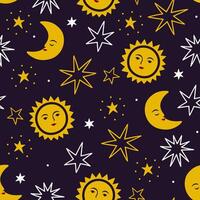 Seamless pattern with crescent moon, sun, stars on black background. graphics. vector