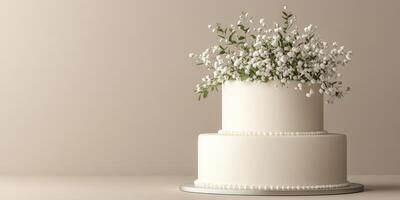 Elegant white cake with delicate floral arrangement for a special celebration event photo
