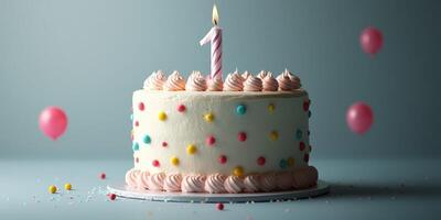 Colorful birthday cake with a single candle for a first birthday celebration photo