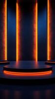 Modern stage setup with vibrant orange lights illuminating a sleek platform in a dark setting photo