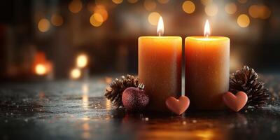 Warm candles illuminate a cozy setting with hearts and pinecones during a romantic evening photo