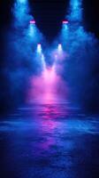 Vibrant neon lighting creates an immersive atmosphere in a fog-filled space during a nighttime event photo