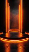 Bright orange neon lights illuminate a dark and atmospheric stage space photo