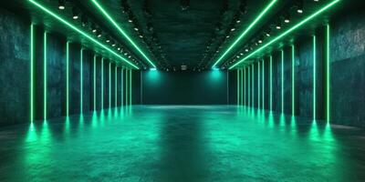 Modern event space with green neon lights designed for performances and gatherings in an urban setting photo