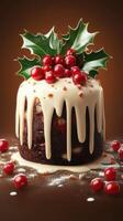 Christmas cake decorated with holly and cranberries on a brown background captures festive spirit photo