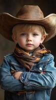 Young child wearing cowboy hat and denim jacket poses confidently with arms crossed against a neutral background photo