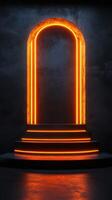 Bright orange illuminated archway in a dark room creates a dramatic atmosphere for events or performances photo