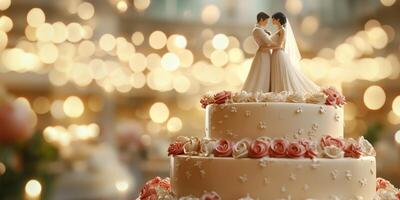 Beautiful wedding cake with elegant couple figurine under soft glowing lights at a romantic reception venue photo