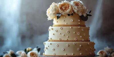 Elegant three-tier wedding cake decorated with cream roses and gold accents in soft lighting photo