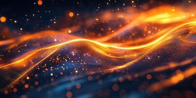 Dynamic waves of orange and blue light create a mesmerizing abstract pattern in a digital art setting with glowing particles photo