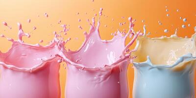 Colorful milk splashes create an artistic display on a vibrant orange background during a creative photography session photo