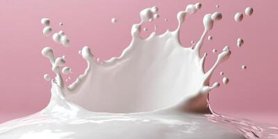 Milk splashes dramatically against a soft pink background creating a playful and artistic effect photo