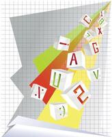 3D volume letters and shiny red, green and orange figures and signs on the vertical list of paper vector