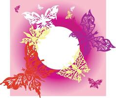 Pink, white, yellow, orange and violet butterflies on a square background with white circle place for text vector