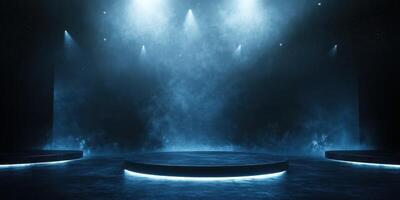 Mysterious foggy stage illuminated with blue light in an indoor venue showcasing potential performers photo