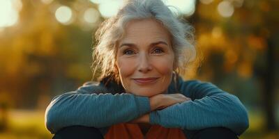 Smiling older woman enjoys a peaceful moment in a sunlit park during autumn photo