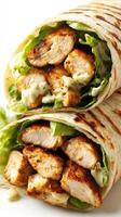 Grilled chicken wrap with fresh lettuce and creamy sauce served on a soft tortilla photo