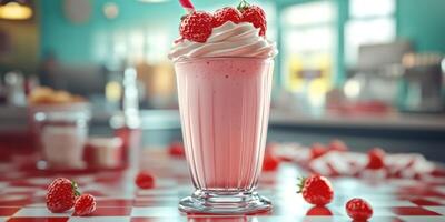 Delicious strawberry milkshake topped with whipped cream and fresh berries in a retro diner setting photo