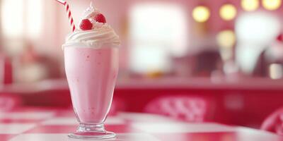 Milkshake topped with whipped cream and cherries in a vibrant retro diner setting photo