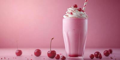 Delicious cherry milkshake with whipped cream on a pink background, perfect for summer refreshment or dessert cravings photo