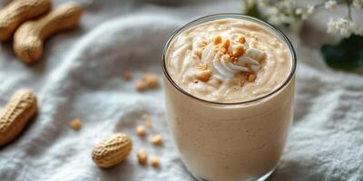 Creamy peanut butter smoothie served in a glass with whipped cream and crushed nuts on top, perfect for a refreshing treat photo