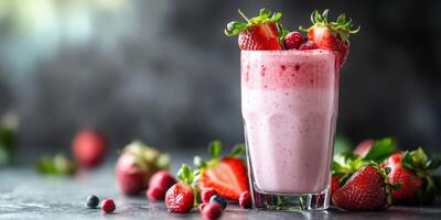 Refreshing strawberry smoothie garnished with berries and mint on a dark countertop photo