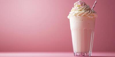 Creamy milkshake topped with whipped cream and sprinkles on a pink background in a stylish glass photo