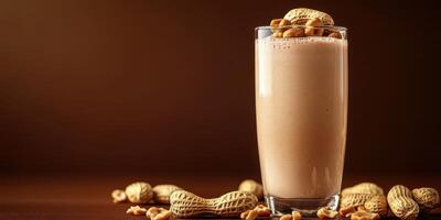Creamy peanut butter smoothie garnished with whole peanuts in a glass on a dark wooden table photo