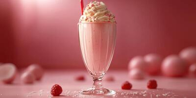 Delicious pink raspberry milkshake with cream and sprinkles on a pastel background in a glass photo