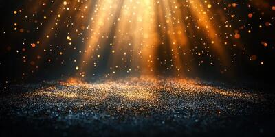 Golden light beams create a magical atmosphere with shimmering particles in a dark space during a special event celebration photo