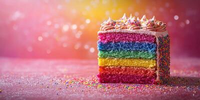 Colorful rainbow cake slice on a sparkly table with vibrant background during a festive celebration photo