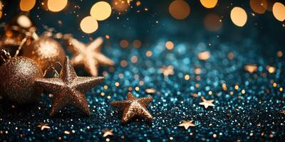 Festive glittery decor with golden stars and ornaments on a shimmering blue surface photo