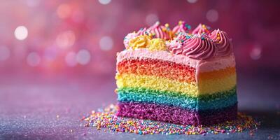 Colorful layered cake with pastel frosting and sprinkles on a shimmering background photo