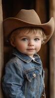 Young child dressed in cowboy attire stands near wooden structure in rustic setting during daytime outdoors photo
