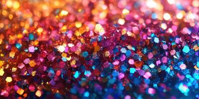 Colorful glitter sparkles creating a vibrant and dazzling texture for artistic projects photo