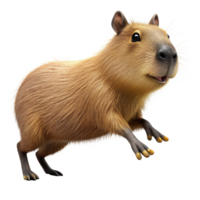 Excited fluffy capybara in a dynamic leap on transparent background png
