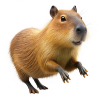 Happy capybara soaring upwards in playful motion with transparent background png