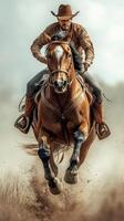 Rider skillfully gallops on a powerful horse through dusty terrain under a cloudy sky photo