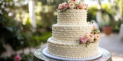 Elegant wedding cake adorned with delicate flowers displayed in a lush garden setting during daytime photo