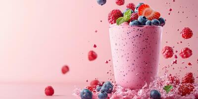 Delicious berry smoothie splashing with freshness on a pink background in a bright studio photo