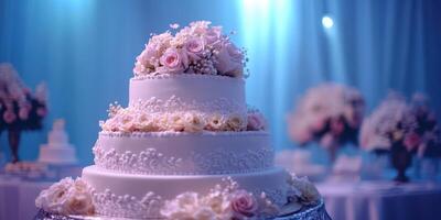 Elegant wedding cake adorned with roses and delicate decorations in a beautifully lit reception hall photo